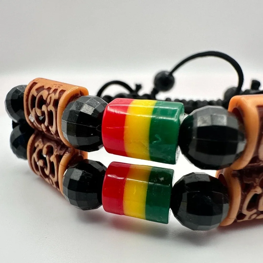 Vintage‎ Y2K Rasta Braided Macrame Beaded Double Strand Bracelet Women's Jewelry